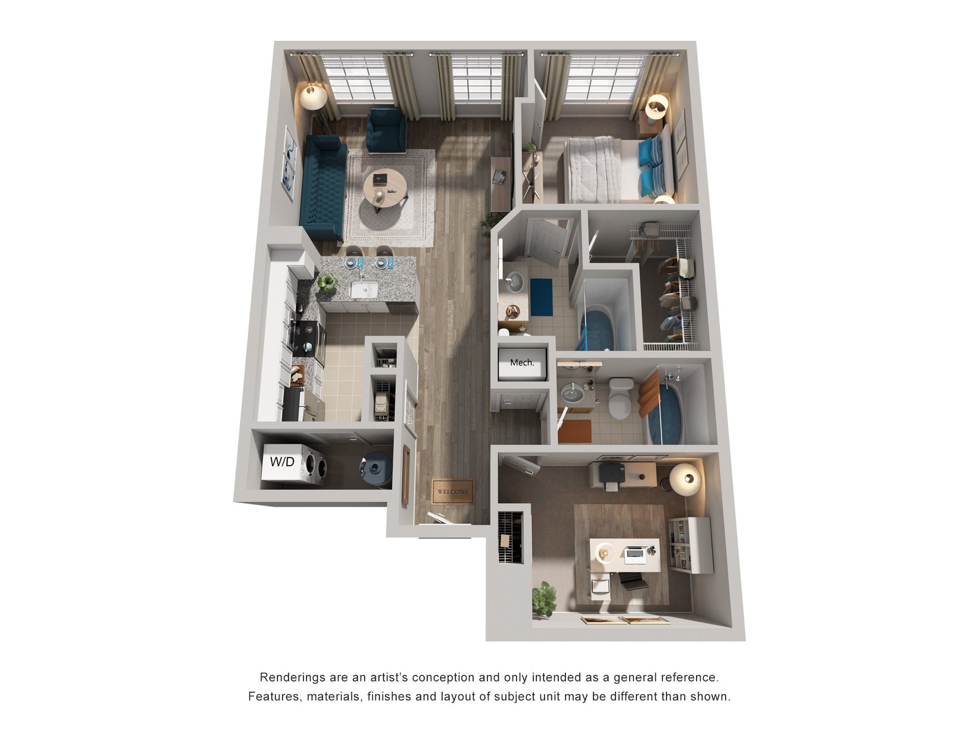 Floor plan for 1 bed, 2 baths, 1076 sqft